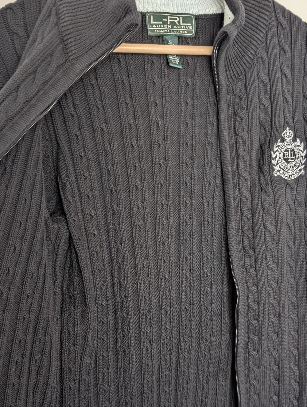 Lauren Ralph Lauren Active Black Full Zip Cable Knit Sweater Size XL Crest - Picture 6 of 10